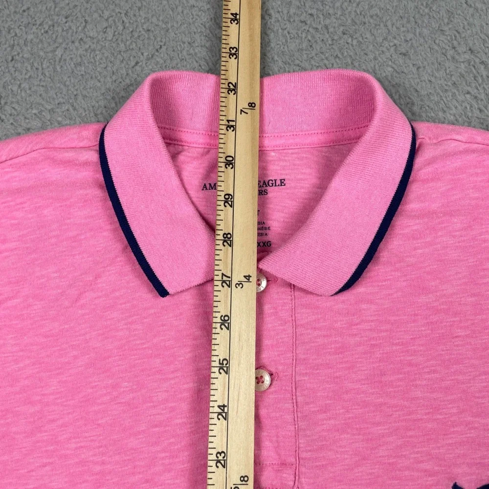 American Eagle Slim Fit Polo Shirt Mens XXL Pink Navy Tipped Slub Cotton Blend‎